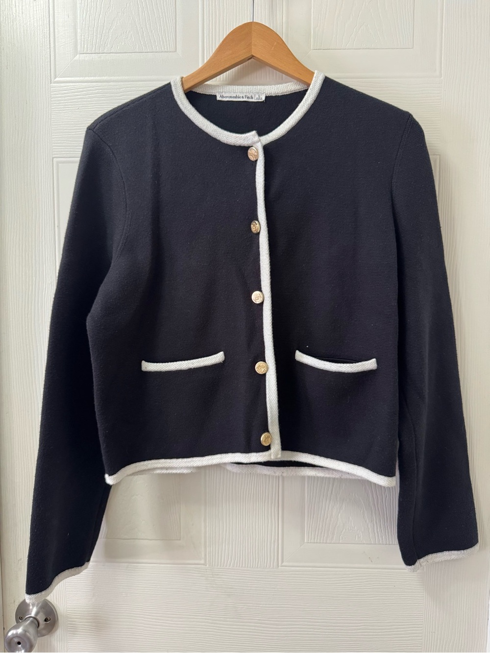 Abercrombie & Fitch Black Jacket with White Trim and Gold Buttons